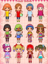 6+girls bag black_hair blue_hair bob_cut bow braid brown_eyes brown_hair character_request chibi chibi_only commentary_request copyright_name dark-skinned_female dark_skin elbow_carry everyone fashion fringe_trim full_body girls_mode girls_mode_4:_star_stylist green_hair hair_bow handbag hat heisei_retro highres hippie lolita_fashion long_hair looking_at_viewer low_twintails medium_hair multiple_girls okuya orange_hair pink_hair pixel_art purple_eyes red_eyes scarf short_hair side_ponytail skirt standing stuffed_animal stuffed_rabbit stuffed_toy sunglasses suspenders sweet_lolita twin_braids twintails very_dark_skin very_short_hair yume_kawaii