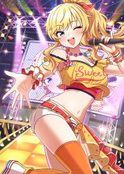 Rule 34 | 1girl, blonde hair, blue eyes, bow, breasts, cleavage, concert, crop top, hair bow, high ponytail, highres, holding, holding microphone, idol, idolmaster, idolmaster cinderella girls, large breasts, long hair, looking at viewer, micro shorts, microphone, midriff, navel, niban (puka 0507), ohtsuki yui, one eye closed, open mouth, orange thighhighs, ponytail, screen, scrunchie, shorts, smile, solo, stage, stage lights, thighhighs, wavy hair, white scrunchie, white shorts, wrist scrunchie