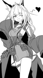 1girl ;d absurdres ahoge ahoyim arknights belt belt_buckle breasts buckle coat fang greyscale hair_intakes heart highres huge_ahoge looking_at_viewer medium_breasts medium_hair mon3tr_(arknights) monochrome one_eye_closed open_mouth photoshop_(medium) pouch sideboob simple_background skin_fang sleeves_past_fingers sleeves_past_wrists smile solo thigh_belt thigh_strap white_background