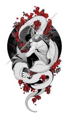1boy 1other benkdjjituibot bisected black_hair border coat cocoon exposed_bone fleeing flower flower_request glint hands_on_own_knees highres kim_dokja leaving looking_at_another male_focus omniscient_reader&#039;s_viewpoint ornate_border outside_border partially_colored red_flower red_rose ribs rose sitting skeleton snake sparkle white_border white_coat