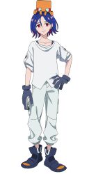 1boy blue_gloves blue_hair boots cargo_pants colored_inner_hair conch_(gundam) full_body gloves gundam gundam_gquuuuuux hand_on_own_hip highres looking_at_viewer male_focus multicolored_hair object_on_head official_art pants platform_boots red_eyes red_hair shirt short_hair shuji_ito simple_background sleeves_rolled_up smile solo standing transparent_background white_pants white_shirt