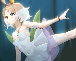 1girl ahiru_(princess_tutu) ahoge ahonoko ballerina ballet bare_shoulders blue_eyes bracelet breasts covered_navel dress jewelry leg_up multicolored_hair necklace orange_hair princess_tutu princess_tutu_(character) short_hair skin_tight small_breasts solo strapless strapless_dress tutu white_dress white_hair