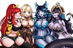 4girls blonde_hair breasts campfire elara_(vtuber) elara_(vtuber_old_model) elly_(vtuber) fire gloves green_eyes highres huge_breasts indie_virtual_youtuber large_breasts monster_girl multiple_girls pointy_ears ponytail purple_hair spite_(vtuber) spite_(vtuber)_(1st_costume) variant_set vexoria_the_sun_eater virtual_youtuber white_background