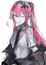 Rule 34 | 000 bambi, 1girl, absurdres, baobhan sith (fate), black jacket, black necktie, fang, fate/grand order, fate (series), grey eyes, hair ornament, highres, jacket, long hair, looking at viewer, necktie, pink hair, pointy ears, ponytail, shirt, sidelocks, smile, solo, white shirt