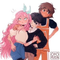 Rule 34 | 1girl, 2boys, alternate costume, antenna hair, artist name, aubrey (faraway) (omori), aubrey (omori), bandaged arm, bandages, bandaid, bandaid on arm, bandaid on face, bare shoulders, black eyes, black hair, black shirt, black sweater, blue eyes, blue hairband, blue shorts, blush, brown eyes, brown hair, brown shorts, collared shirt, dark-skinned male, dark skin, denim, denim shorts, hairband, hand on another&#039;s shoulder, hand on own hip, highres, kel (faraway) (omori), kel (omori), long sleeves, multiple boys, omori, open mouth, otomerson, parted lips, pink hair, puffy short sleeves, puffy sleeves, shirt, shirt under sweater, short hair, short sleeves, shorts, simple background, spoilers, sunny (omori), sweatdrop, sweater, thick eyebrows, white background, white shirt