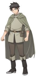 1boy anime_coloring belt belt_pouch boots brown_boots clenched_hands cloak closed_mouth ein_(fuguushoku_&quot;kanteishi&quot;_ga_jitsu_wa_saikyou_datta) fuguushoku_&quot;kanteishi&quot;_ga_jitsu_wa_saikyou_datta full_body green_cloak green_eyes green_shirt head_tilt heterochromia highres long_sleeves looking_at_viewer pouch sakimoto_sayuri shirt short_hair simple_background sleeves_rolled_up smile standing transparent_background yellow_eyes