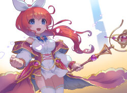 Rule 34 | 1girl, blue eyes, breasts, hair ribbon, highres, holding, holding weapon, iris mysteria!, large breasts, moroheiya (takushiage), open mouth, ponytail, red hair, ribbon, rugenia hadik de palvin, standing, thighhighs, thighs, wand, weapon, white ribbon, white thighhighs
