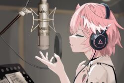 1girl absurdres hair_between_eyes head_wings headphones highres hololive microphone necktie oru_0653 pink_hair recording shirt short_hair solo takane_lui takane_lui_(1st_costume) virtual_youtuber white_shirt wings