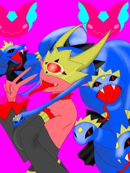 Rule 34 | blue hair, colored skin, covered eyes, digimon, dragon girl, dragon horns, elizamon, fangs, highres, horns, medusamon, pink skin, snake, snake girl, snake hair, tongue, tongue out, twintails