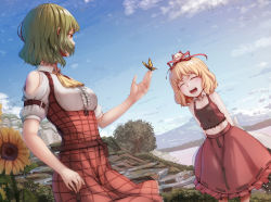 2girls absurdres adapted_costume arm_at_side arm_belt arm_up arms_behind_back ascot blue_sky breasts bug butterfly butterfly_on_hand chinese_commentary closed_eyes cloud commentary_request cowboy_shot daisy_(flower) day detached_collar doll_on_head dress dutch_angle facing_another flat_chest flower frilled_skirt frills frog green_hair hair_over_mouth hair_ribbon happy highres insect kazami_yuuka lily_pad looking_away medicine_melancholy medium_breasts midriff mountain multiple_girls navel open_mouth outdoors plaid_clothes plaid_dress red_eyes red_ribbon red_skirt ribbon shirt short_hair short_sleeves skirt sky small_breasts standing stream su-san sunflower tank_top teeth touhou tree upper_teeth_only wanjie_sa_hua white_shirt yellow_ascot