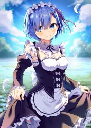 1girl apron back_bow bare_shoulders black_ribbon blue_eyes blue_hair blue_sky blush bow breasts cleavage closed_mouth cowboy_shot day detached_collar detached_sleeves dress feathers flower_knot frilled_dress frills hair_ornament hair_over_one_eye hair_ribbon hairband hairclip highres lake lens_flare lolita_hairband long_sleeves looking_at_viewer maid outdoors purple_ribbon re:zero_kara_hajimeru_isekai_seikatsu rem_(re:zero) revision ribbon ribbon-trimmed_legwear ribbon_trim short_hair skirt_hold sky small_breasts smile solo thighhighs waist_apron water white_apron white_bow white_thighhighs x_hair_ornament yuusa