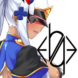 1girl areola_slip blush breasts corruption covered_erect_nipples dark-skinned_female dark_persona dark_skin facial_mark girls&#039;_frontline hair_ornament head-mounted_display highres hk416_(girls&#039;_frontline) lipstick logia13laplace long_hair makeup mask medium_breasts open_mouth ponytail revealing_clothes sideboob simple_background slave_gear smile solo ts_magical_girl_nao upper_body white_background white_hair