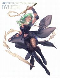 1girl alternate_hair_color armor black_armor blue_eyes blush bodice breasts bustier cape cleavage clothing_cutout dagger faithom female_byleth_(fire_emblem) fire_emblem fire_emblem:_three_houses green_hair hair_between_eyes highres holding knife large_breasts long_hair medium_hair navel navel_cutout nintendo pantyhose pantyhose_under_shorts patterned_legwear print_pantyhose shorts simple_background smile solo sword_of_the_creator vambraces weapon