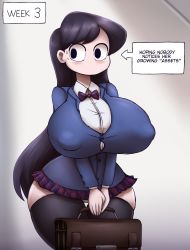 1girl ass_expansion bag black_eyes black_hair black_thighhighs blush breast_expansion breasts constricted_pupils covered_erect_nipples cowboy_shot curvy grey_background highres huge_breasts jacket komi-san_wa_komyushou_desu komi_shouko long_hair long_sleeves looking_to_the_side metachoke miniskirt no_mouth panties pleated_skirt school_bag school_uniform simple_background skirt solo standing text_focus thick_thighs thighhighs thighs underwear white_panties wide_hips