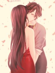 Rule 34 | 1boy, 1girl, backless dress, backless outfit, bishounen, black pants, brown hair, commentary, dress, english commentary, grey sweater, hetero, high-waist pants, highres, kang jaehee, kiss, pants, petals, protagonist (susanghan messenger), red dress, sintastein, susanghan messenger, sweater
