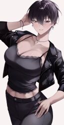 1girl arm_up black_camisole black_jacket black_pants blush breasts brown_eyes brown_hair camisole cleavage collarbone cowboy_shot cross cross_earrings cross_necklace dark-skinned_female dark_skin earrings hand_on_own_hip hashtag-only_commentary highres jacket jewelry large_breasts midriff mole mole_under_eye necklace open_clothes open_jacket original pants parted_lips short_hair simple_background smile solo ulularts white_background