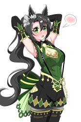 1girl :o absurdres abyss_kpn_(ki) animal_ears armpits arms_behind_head black_hair black_shorts black_suspenders blush boots breasts commentary_request ear_ornament ear_through_crown green_eyes green_sweater grey_pantyhose hair_between_eyes hair_ornament hair_scrunchie highres horse_ears horse_girl horse_tail long_hair looking_at_viewer medium_breasts multicolored_hair necktie pantyhose partial_commentary presenting_armpit satono_crown_(umamusume) scrunchie shorts side_ponytail simple_background sleeveless sleeveless_sweater solo spoken_blush streaked_hair sweater tail thigh_boots umamusume white_background white_hair yellow_necktie
