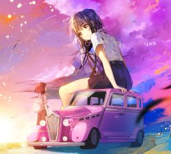 2girls artist_name black_hair blush brown_eyes brown_hair car cloud giant giantess hood hoodie long_hair looking_at_another motor_vehicle multiple_girls on_car on_vehicle original outdoors pleated_skirt school_uniform short_hair sidesaddle sitting size_difference skirt sky smile sukja sun sunset vehicle_focus