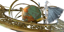 1girl absurdres blue_eyes braid breasts cape commentary gears globe gold_trim highres holding holding_staff jewelry original small_breasts solo staff standing star_(symbol) tagusa thighlet white_cape