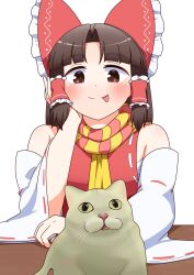 1girl :p ascot benikurage_(cookie) blunt_bangs blush bow brown_eyes brown_hair cat closed_mouth commentary cookie_(touhou) detached_sleeves frilled_bow frilled_hair_tubes frills hair_bow hair_tubes hakurei_reimu hand_on_own_cheek hand_on_own_face highres looking_at_animal manatsu_no_yo_no_inmu medium_hair miura_cat parted_bangs pink_scarf red_bow red_shirt ribbon-trimmed_sleeves ribbon_trim scarf shirt sidelocks simple_background sleeveless sleeveless_shirt smile solo split_mouth striped_clothes striped_scarf tongue tongue_out touhou upper_body white_background white_sleeves wide_sleeves y75zei yellow_ascot yellow_scarf