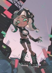 1girl aged_down aqua_eyes armor belt black_belt black_boots black_gloves black_hair black_shirt black_shorts boots breastplate cephalopod_eyes closed_mouth colored_extremities crop_top dark-skinned_female dark_skin fingerless_gloves fingernails full_body furrowed_brow gloves hand_on_own_cheek hand_on_own_face highres horizontal_pupils lace-up_boots marina_(splatoon) marina_(young)_(splatoon) medium_hair midriff mole mole_under_mouth navel nintendo octoling official_alternate_costume parted_bangs pink_pupils sharp_fingernails shirt shorts solo splatoon_(series) standing tentacle_hair towo_nita turtleneck turtleneck_shirt