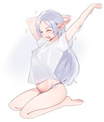 1girl arms_up barefoot blush bolu06 breasts clenched_hands closed_eyes ear_piercing earrings elf eyebrows_hidden_by_hair feet frieren full_body hair_down highres jewelry long_hair looking_at_viewer navel no_pants open_mouth panties piercing pointy_ears seiza shirt short_eyebrows sitting small_breasts solo sousou_no_frieren stretching thighs toes underwear very_long_hair white_background white_panties white_shirt