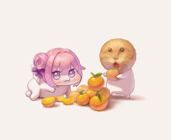 :3 :o alicks_(pixiv_19241330) cat commentary doro_(nikke) doro_orange_story_(nikke) english_commentary food fruit goddess_of_victory:_nikke hair_bun orange_(fruit) pink_hair purple_eyes simple_background single_side_bun tagme white_background
