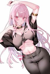 1girl :c absurdres alternate_costume arm_up armlet artist_name black_collar black_nails black_pants black_shirt blush breasts cleavage closed_mouth collar collarbone commentary ear_piercing fingernails highres hololive hololive_english jewelry kamiya_maneki large_breasts long_hair looking_at_viewer mori_calliope nail_polish navel pants piercing pink_eyes pink_hair ring shirt signature simple_background solo stomach symbol-only_commentary thigh_gap underboob virtual_youtuber white_background