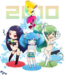 &gt;_&lt; 3girls black_hair blue_hair blush born-to-die bra chibi choker closed_eyes dancing e3_2010 elbow_gloves flat_chest game_console gloves green_hair hair_bobbles hair_ornament handheld_game_console lingerie loli long_hair microsoft multiple_girls nintendo nintendo_3ds nintendo_ds panties playstation_3 ponytail ps3-tan red_eyes sony the_legend_of_zelda thighhighs triforce twintails underwear wii wii-tan wristband xbox_360 xbox_360-tan