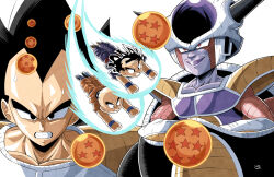 4boys angry aura bald bald_male black_eyes black_hair dragon_ball dragon_ball_(object) flying frieza horns kuririn multiple_boys nervous_sweating saiyan_armor smug son_gohan space_pod sweat vegeta white_background