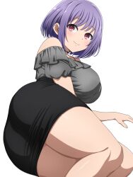 1girl :3 ass bang_dream! bang_dream!_it&#039;s_mygo!!!!! black_choker black_skirt blush breasts choker closed_mouth commentary_request frilled_shirt frills grey_shirt highres large_breasts noshimurin paid_reward_available pink_eyes purple_hair shirt short_hair short_sleeves simple_background skirt solo thighs white_background yuutenji_nyamu