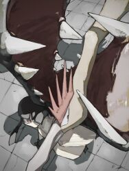 bird black_eyes black_hair commentary extra_mouth fearow fighting gen_1_pokemon gen_3_pokemon handstand highres imminent_bite long_neck looking_at_another looking_back mawile nintendo one_arm_handstand open_mouth pokemon pokemon_(creature) red_eyes sakuraiisui shadow sharp_teeth teeth tile_floor tiles turning_head