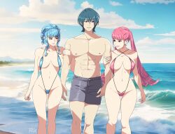 1boy 2girls abs arm_hug artist_name beach blue_hair blue_slingshot_swimsuit breasts byleth_(fire_emblem) byleth_(male)_(fire_emblem) cleavage commission double_arm_hug fire_emblem fire_emblem:_three_houses highres hilda_valentine_goneril large_breasts male_swimwear marianne_von_edmund matching_hair/eyes medium_breasts multiple_girls muscular muscular_male navel nintendo pimp pink_eyes pink_hair pink_slingshot_swimsuit pixiv_commission r3dfive revealing_clothes slingshot_swimsuit smile standing swim_trunks swimsuit twintails watermark