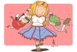 3girls :3 animal_ears blonde_hair blue_skirt brown_hair brown_sandals cat_ears cat_girl cat_tail chen child closed_eyes closed_mouth commentary_request cuffs dated dog_ears dog_girl dog_tail full_body geta green_hair horns hoshiguma_yuugi kasodani_kyouko long_hair multiple_girls onikobe_rin open_mouth pink_background red_horns red_shoes red_skirt red_vest sandals shackles shirt shoes short_hair short_sleeves single_horn skirt smile socks standing star_(symbol) striped_clothes striped_skirt t-shirt tail touhou two-tone_background vertical-striped_clothes vertical-striped_skirt vest white_shirt white_socks