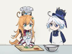 2girls ahoge aqua_eyes blue_eyes blue_hair blue_hat chef chef_hat closed_mouth drop-shaped_pupils escoffier_(genshin_impact) fork_hair_ornament furina_(genshin_impact) genshin_impact hair_between_eyes hat heart heart_in_eye holding holding_knife knife long_hair mismatched_pupils multicolored_hair multiple_girls orange_hair short_hair slicing smile streaked_hair sweat symbol-shaped_pupils symbol_in_eye top_hat white_hair white_hat white_wrist_cuffs wrist_cuffs xinzoruo
