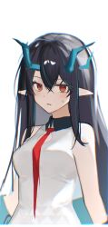 1girl 2naom8q6gt87292 aqua_hair aqua_horns arknights bare_shoulders black_hair blush chromatic_aberration cleavage_cutout clothing_cutout collared_dress commentary cropped_torso crossed_bangs dragon_girl dragon_horns dress dusk_(arknights) hair_between_eyes highres horns long_hair looking_at_viewer multicolored_hair necktie open_mouth orange_eyes pointy_ears red_necktie sidelocks simple_background sleeveless sleeveless_dress solo streaked_hair sweatdrop torn_clothes torn_necktie uroko_(pattern) white_background white_dress