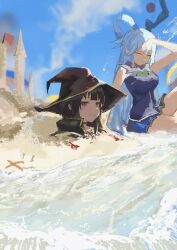 Rule 34 | 2girls, :d, :|, absurdres, aqua (konosuba), bare shoulders, beach, black cape, black hat, blue shirt, blue skirt, blue sky, blurry, blurry background, bow, bowtie, breasts, brown hair, buried, cape, closed eyes, closed mouth, commentary, depth of field, dress, green bow, green bowtie, hair ornament, hair rings, halftone, hat, highres, knee up, kono subarashii sekai ni shukufuku wo!, koukouya, large breasts, mage staff, megumin, multiple girls, ocean, on ground, open mouth, red dress, red eyes, sand, sand castle, sand sculpture, shielding, shirt, short hair, short hair with long locks, sidelocks, sitting, skirt, sky, sleeveless, sleeveless turtleneck, smile, splashing, starfish, turtleneck, unamused, waves, witch hat
