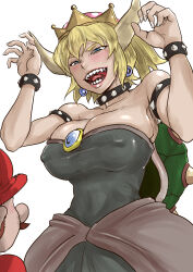 Rule 34 | 1boy, 1girl, bare shoulders, blonde hair, blush, bowsette, breasts, brooch, choker, cleavage, collar, commentary request, covered erect nipples, earrings, gem, highres, horns, jewelry, large breasts, long hair, mario, mario (series), new super mario bros. u deluxe, nintendo, omote uraura, sharp teeth, shell, spiked collar, spikes, super crown, teeth