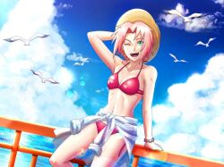 1girl bikini bird breasts cleavage green_eyes haruno_sakura hat legs medium_breasts naruto_(series) naruto_shippuuden navel non-web_source official_art one_eye_closed pink_hair red_bikini seagull side-tie_bikini_bottom sky smile swimsuit