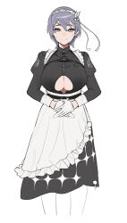 1girl absurdres apron azur_lane bellona_(armed_to_clean)_(azur_lane) bellona_(azur_lane) breasts closed_mouth clothing_cutout cropped_legs gloves highres large_breasts long_sleeves looking_at_viewer maid maid_headdress noir_(4chan) official_alternate_costume purple_eyes purple_hair short_hair simple_background smile solo underboob underboob_cutout waist_apron white_apron white_background white_gloves