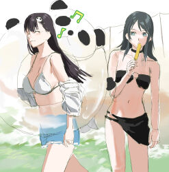 2girls absurdres bang_dream! bang_dream!_it&#039;s_mygo!!!!! bikini black_bikini black_hair blake_belladonna blue_shorts breasts closed_eyes closed_mouth commentary food hair_ornament highres innertube long_hair medium_breasts medium_hair multiple_girls musical_note panda_hair_ornament popsicle rainbow_hose shiina_taki shorts stomach swim_ring swimsuit symbol-only_commentary white_bikini yahata_umiri