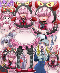 &gt;_&lt; 1boy 2girls akagi_towa albino aroma_(go!_princess_precure) bird black_bloomers bloomers bow capelet closed_eyes cokata cosplay dog frills full_body go!_princess_precure grey_legwear hair_over_eyes hands_on_own_face hands_on_own_hips hat hood lock_(go!_princess_precure) lock_(go!_princess_precure)_(cosplay) multiple_girls nail_polish pantyhose personification pink_hair pink_skirt precure puff_(go!_princess_precure) puff_(go!_princess_precure)_(human) red_bow red_eyes red_footwear shoes shut_(go!_princess_precure) skirt smile standing striped_clothes striped_legwear striped_pantyhose top_hat twilight_(go!_princess_precure) underwear white_hair