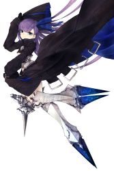 1girl absurdres armor armored_boots black_coat blue_eyes boots closed_mouth coat fate/grand_order fate_(series) female_focus floating_hair from_side hand_up hands_in_opposite_sleeves highres leg_up long_hair looking_at_viewer meltryllis_(fate) purple_hair riuichi simple_background smile solo very_long_hair white_background