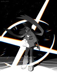 1girl akari_(pokemon) black_background full_body glowing greyscale highres long_hair looking_at_viewer monochrome nintendo p0ke_a0210 pokemon pokemon_legends:_arceus shaded_face simple_background solo
