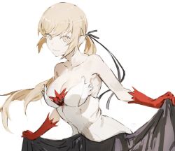 1girl bare_shoulders black_dress black_ribbon blonde_hair breasts cleavage closed_mouth dress gloves hair_ribbon highres kiss-shot_acerola-orion_heart-under-blade kizumonogatari light_smile long_hair looking_at_viewer monogatari_(series) oshino_shinobu pointy_ears red_gloves ribbon shadow simple_background solo taki_(a313131333) two-tone_dress vampire white_background white_dress yellow_eyes