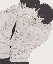 2boys black_hair black_pants chainsaw_man closed_eyes collared_shirt french_kiss from_side greyscale hand_on_another&#039;s_head highres hood hoodie kiss male_focus me_ku_ji_ra mole mole_under_mouth monochrome multiple_boys pants shirt short_hair simple_background sketch sugo_miri upper_body white_background yaoi yoshida_hirofumi
