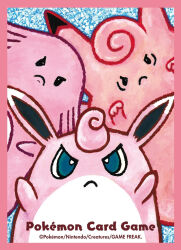 Rule 34 | angry, arms up, blue eyes, border, chansey, clefable, closed mouth, copyright name, copyright notice, frown, gen 1 pokemon, highres, komiya tomokazu, nintendo, no humans, official art, pink border, pink theme, pokemon, pokemon (creature), pokemon focus, pokemon tcg, third-party source, v-shaped eyes, wigglytuff