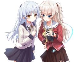 Rule 34 | 2girls, absurdres, angel beats!, black skirt, blue eyes, blush, bow, brown skirt, camera, charlotte (anime), closed mouth, collared shirt, commentary request, company connection, cowboy shot, crossover, eyes visible through hair, grey hair, hair between eyes, hand on own hip, hand up, highres, holding, holding camera, jacket, key (company), long hair, long sleeves, looking at viewer, miniskirt, multiple girls, neck ribbon, open mouth, pleated skirt, ponytail, red shirt, ribbon, sailor collar, school uniform, serafuku, shirt, short ponytail, side-by-side, simple background, skirt, smile, split mouth, tachibana kanade, thank u eroge, tomori nao, two side up, white background, white hair, white sailor collar, white shirt, yellow bow, yellow eyes, yellow jacket