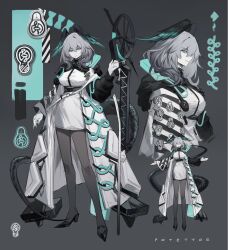 1girl aqua_eyes aqua_wings arknights arm_up between_breasts black_coat black_shoes black_wings breasts closed_mouth coat commentary dress fingerless_gloves full_body gloves grey_hair grey_pantyhose hair_between_eyes high_heels highres ho&#039;olheyak_(arknights) holding holding_staff holding_weapon large_breasts long_sleeves looking_at_viewer medium_hair mixed-language_commentary multicolored_coat multicolored_wings multiple_views open_clothes open_coat pantyhose pencil_dress potettoe shoes short_dress smile snake_tail staff strap_between_breasts tail two-tone_wings upper_body weapon white_coat white_dress white_gloves wide_sleeves wings