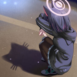1girl absurdres animal_ear_fluff animal_ears black_hair black_jacket black_pantyhose blue_archive cat_shadow_puppet_(meme) character_request commentary crossed_arms from_side full_body halo hands_up highres hood hooded_jacket jacket meme multicolored_hair number-only_commentary pantyhose pink_hair pink_halo shadow shoes solo squatting streaked_hair wendao